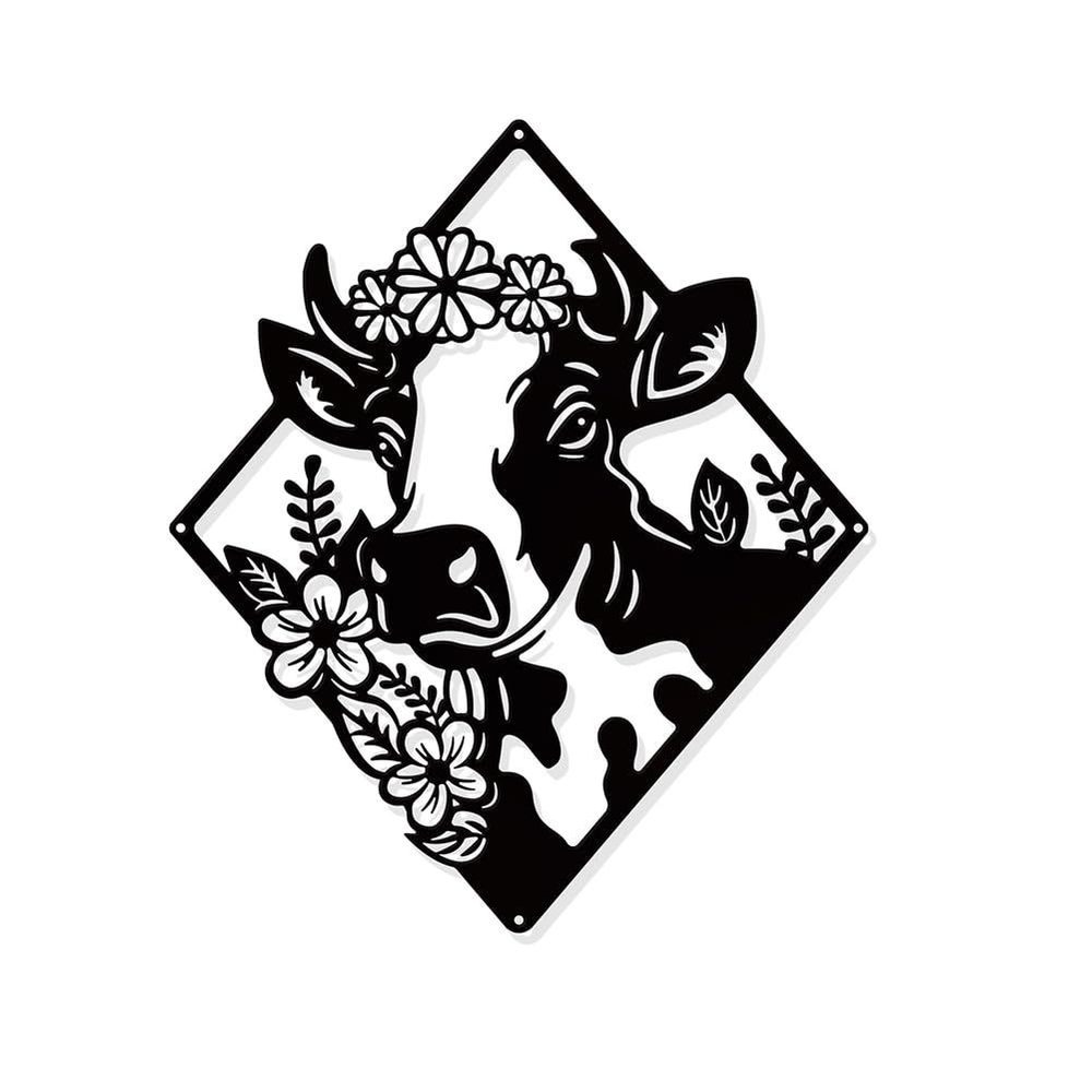 Cow Flower Metal Wall Art Decor, Matte Black Wall Hanging Decor Silhouette🤚